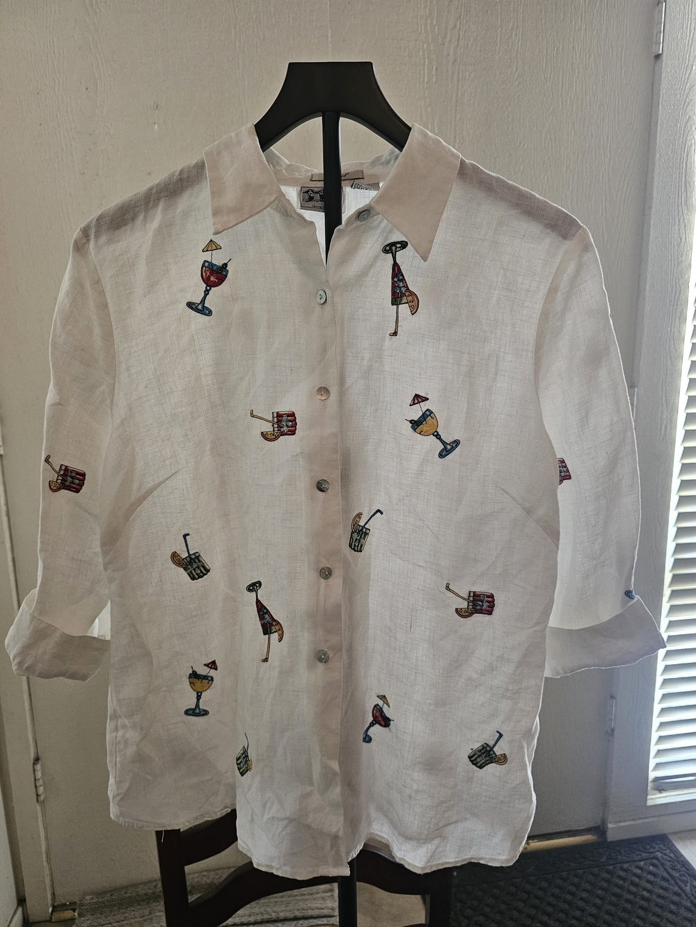 White Embroidered Cocktail Linen Button-Down Shirt